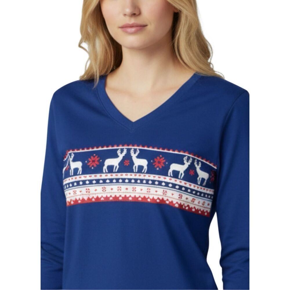 NWT LEGENDARY WHITETAILS Women’s Cozy Cabin Lounge Top M Blue Reindeer Fair Isle